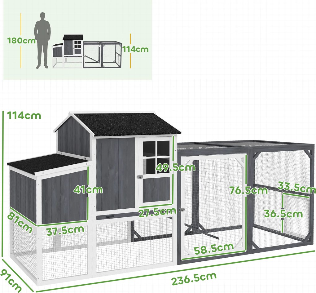 PawHut Coteț pentru găini cu tarc pentru 3-4 găini, cuib în 3 părți, suprafață 1,9 m², lemn de brad, gri | Aosom Romania