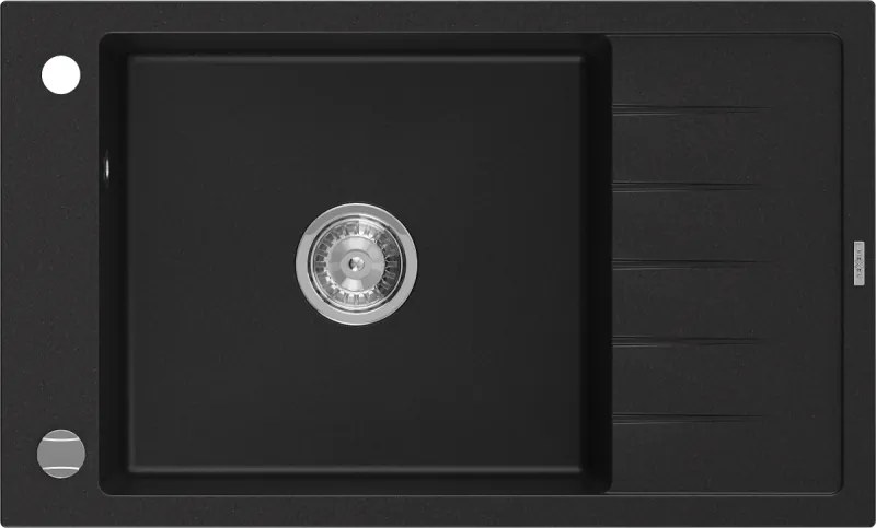 Mexen Elias chiuvetă de bucătărie din granit, cu o cuvă și scurgător, 795 x 480 mm, neagră, sifon cromat - 6511791005-77