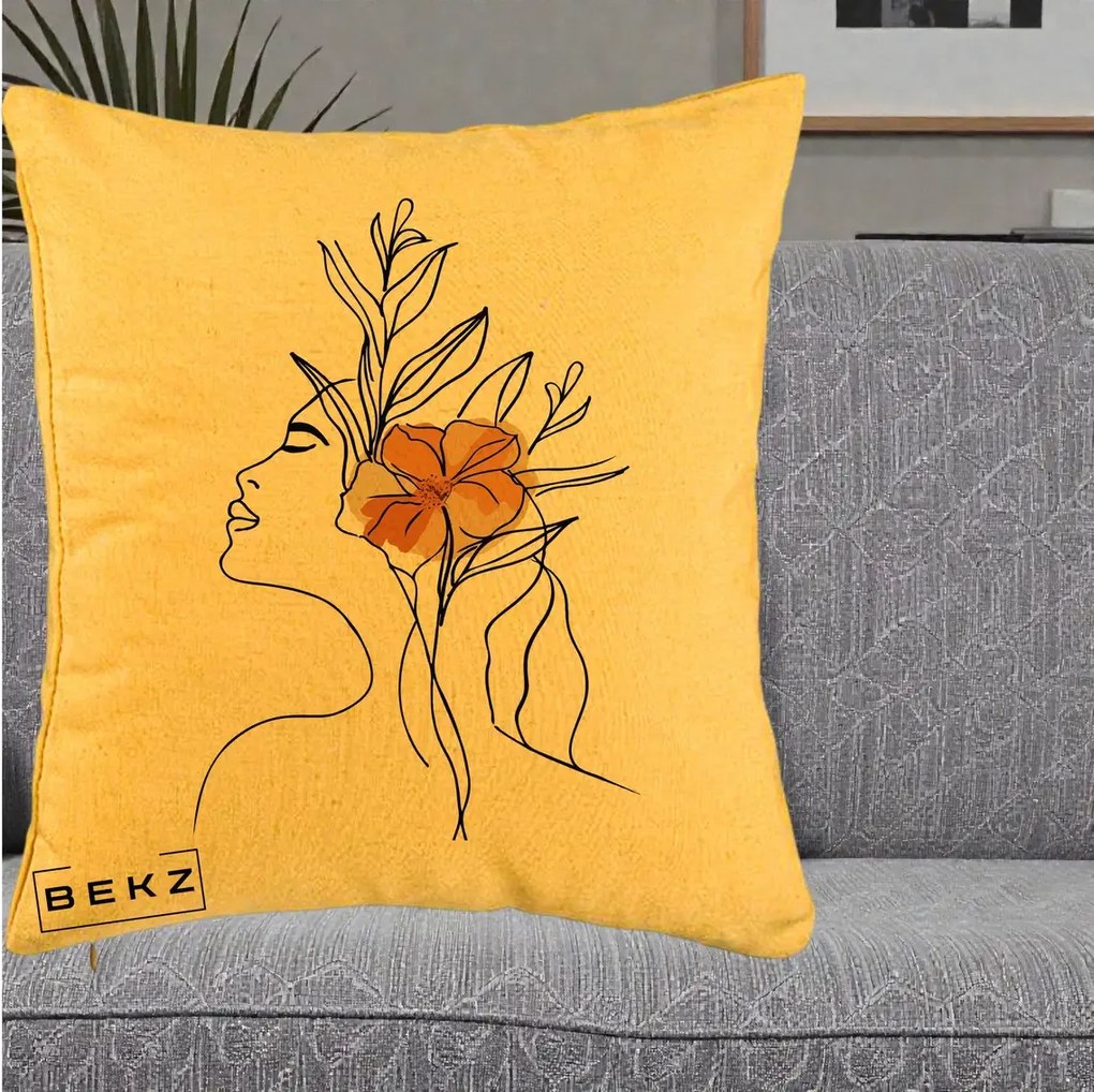 Perna Decorativa Portret Feminin Floare Portocalie Lateral, 40x40 cm, Galben, Husa Detasabila, Perna Inclusa, BEKZ®