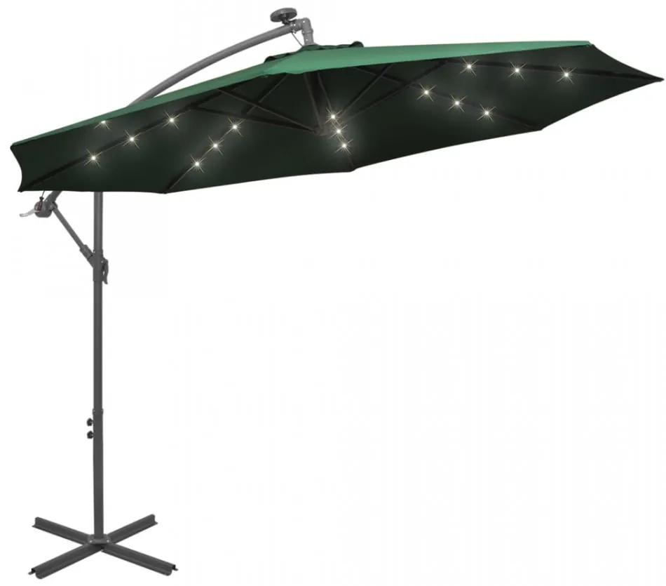 Umbrelă suspendată, iluminare LED, 300 cm, verde, stâlp metalic