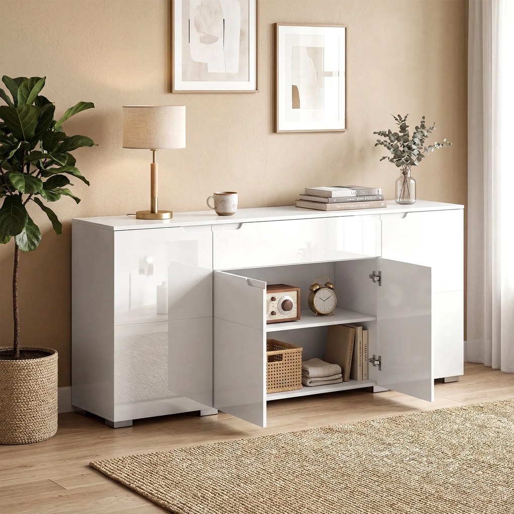 HOMCOM Sideboard lucios, bufet modern cu 4 uși și rafturi reglabile, dulap de bucătărie cu Soft-Close, alb | Aosom Romania