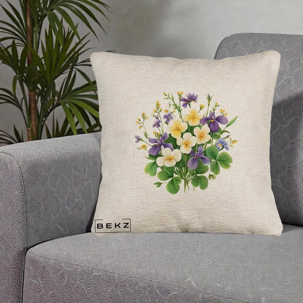 Perna Decorativa Viorele Iris Violet si Trifoi, 40x40 cm, Bej Canapea, Husa Detasabila, Perna Inclusa, BEKZ®
