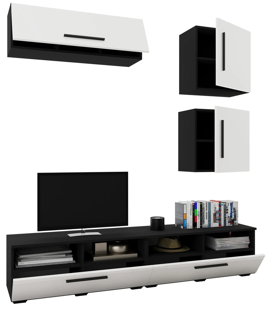 Living Kos V15, Negru/Alb Lucios, MDF, L 190 cm