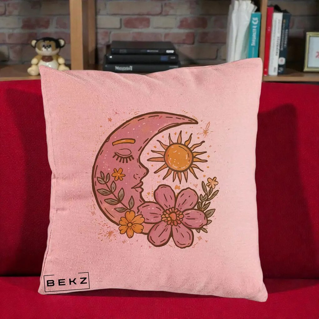 Perna Personalizata Luna si Soare Floral Boho, 40x40 cm, Roz, Husa Detasabila, Perna Inclusa, BEKZ®