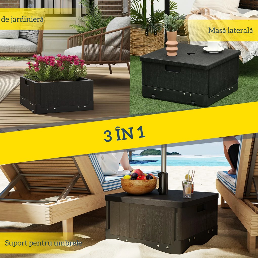 Outsunny Bază pentru Umbrelă 3-în-1 Exterior, Măsuță de Cafea, Jardinieră cu Orificiu de Scurgere, Capacitate 80 kg, Suport Umplut cu Roți și Mânere pentru Terasă și Piscină, Negru | Aosom Romania