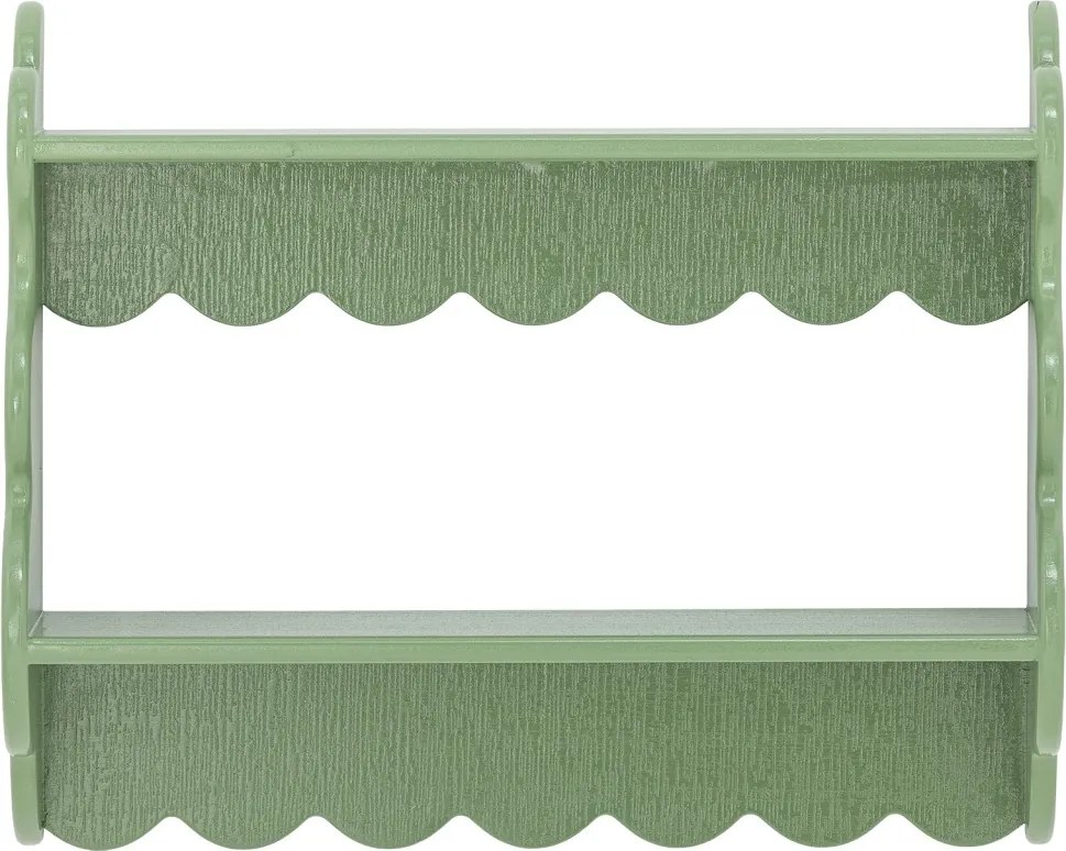 Raft vintage din lemn masiv verde, cu bordură decorativă, „Salla", 49,5 x 15 x 40,5 cm