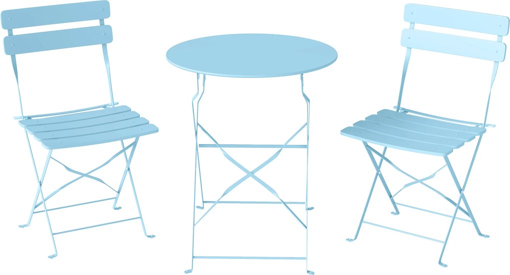 Outsunny Set bistro de grădină pliabil 3 piese, masă bistro cu 2 scaune, șezut cu lamele, picioare duble în X, albastru deschis | Aosom Romania