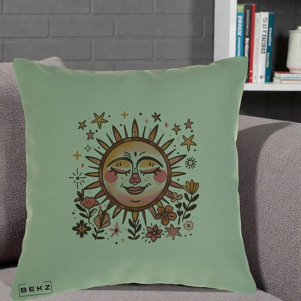 Perna Decorativa Soare Retro Boho Floral, 40x40 cm, Verde, Husa Detasabila, Perna Inclusa, BEKZ®