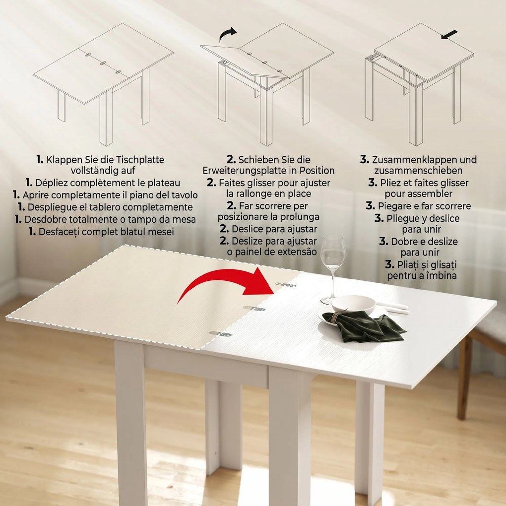 HOMCOM Masă de Dining Extensibilă pentru 4-6 Persoane din PAL și Oțel, 140 x 80 x 77,5 cm, Alb cu Efect de Lemn | Aosom Romania