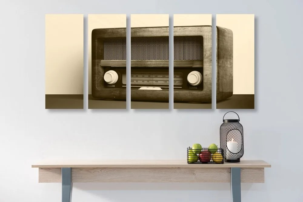 Tablou 5-piese retro radio în design sepia