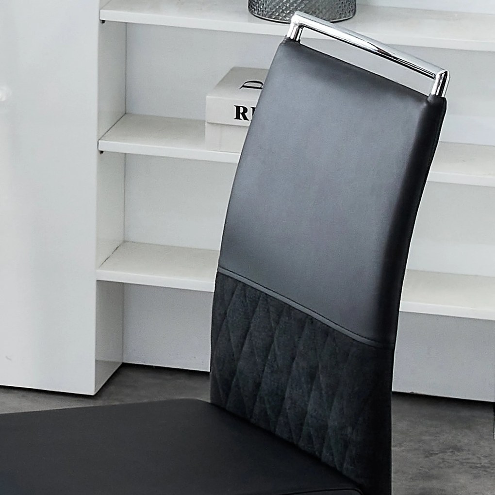 Set de 2 Scaune moderne pentru sufragerie, cu spătar înalt, din PU și material textil, pentru Bucătărie și birou, Negru
