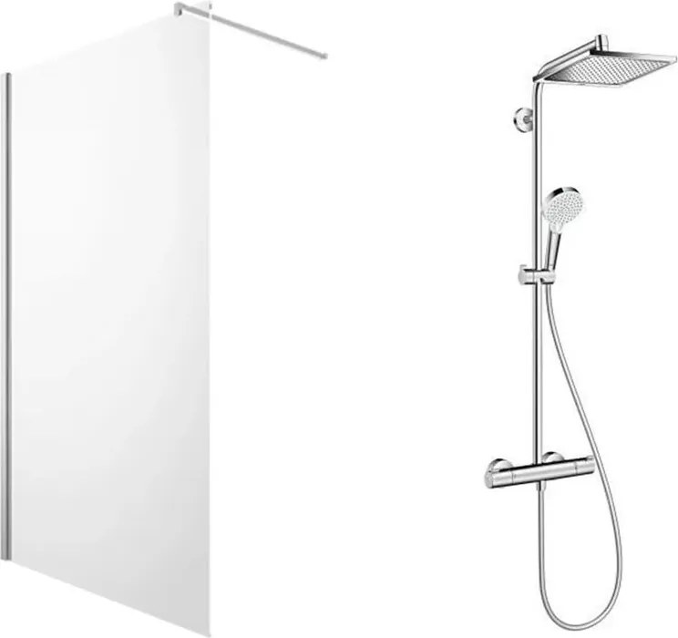 Pachet paravan dus Walk-In Omnires Marina crom 100x200 cm si coloana de dus Hansgrohe crometta crom