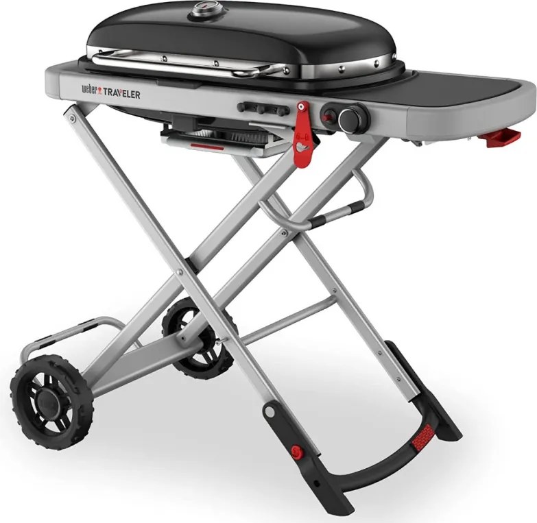 Gratar portabil pe gaz Weber Traveler WB 9010075, 3.5 kW, 63.5x34.3 cm, Grill emailat, Arzator otel inoxidabil, 2 roti, Negru/Argintiu