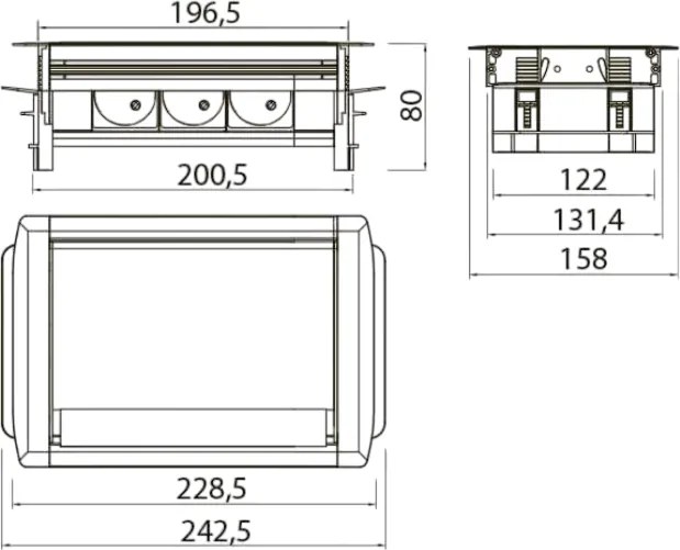 Priză încorporabilă în blat GTV, 3 prize Schuko, aluminiu, 242,5 x 158 mm Aluminiu, Aluminiu, L:242.5 mm; l:158 mm; H:80 mm