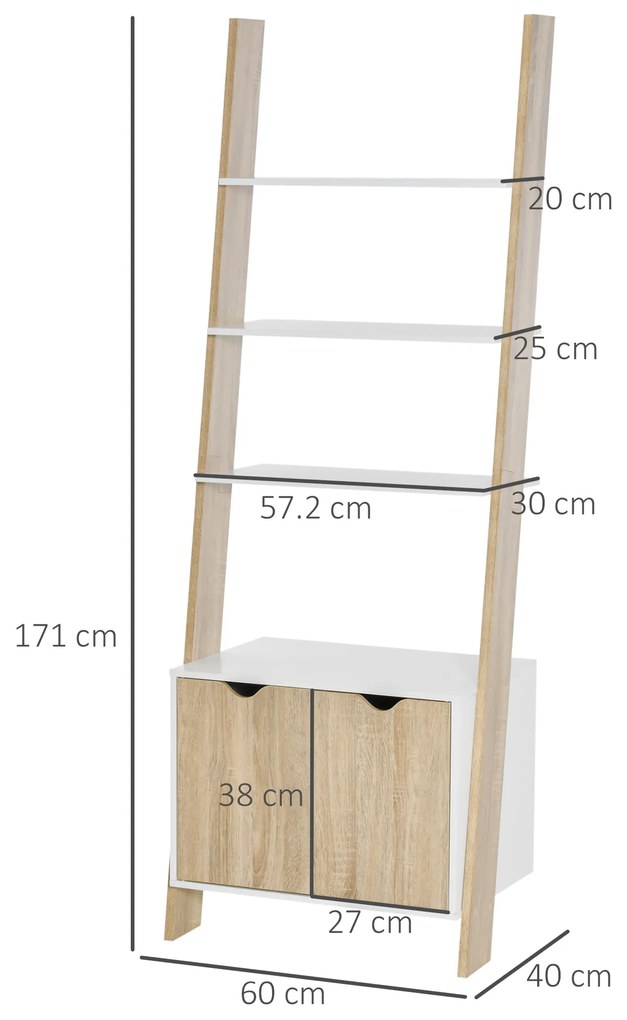 Biblioteca tip scara cu 3 Rafturi si Dulap, Raft Modern Stil Nordic din Lemn, 60x40x171cm, Stejar si Alb HOMCOM | Aosom Romania