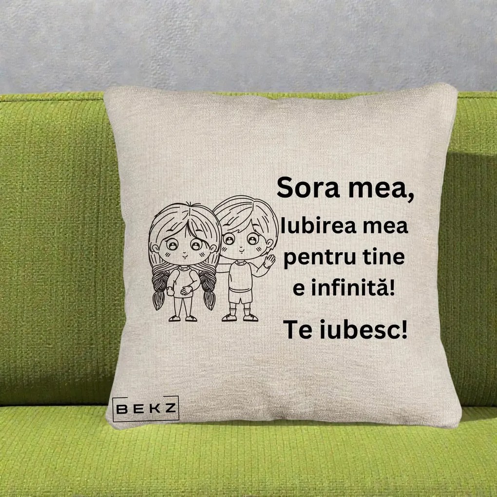 Cadou pentru Sora - Perna Personalizata Sora Mea Te Iubesc Copii Anime Line Art, 40x40 cm, Bej Canapea, Husa Detasabila, Perna Inclusa, BEKZ®