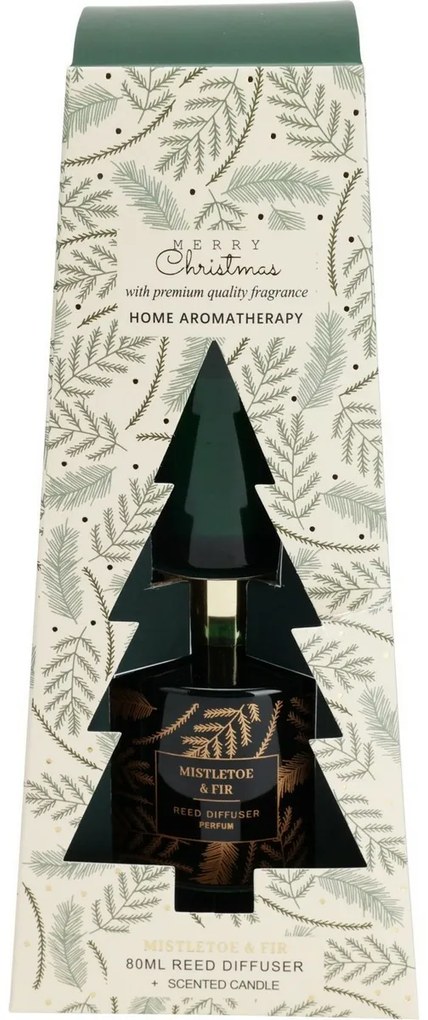Set cadou de difuzor și lumânări Merry Christmas Vâsc și brad, 2 buc