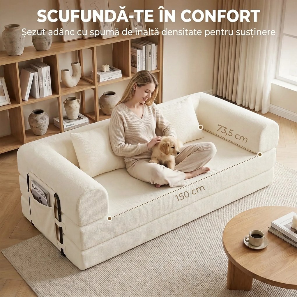 HOMCOM Canapea extensibilă 3 locuri 5 în 1, pliabilă, cu 2 perne din chenille, umplutură groasă, fără montaj, alb | Aosom Romania