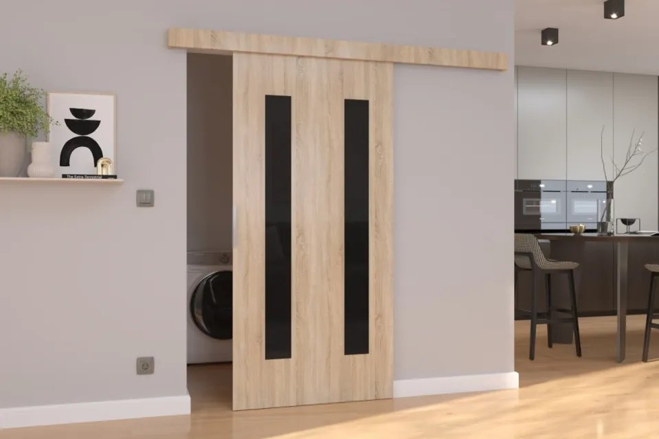 Ușă glisantă HERS (Latime: 86 cm, Culoare: Gri /Negru Lacobel)