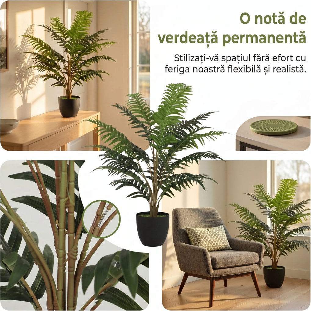 HOMCOM Plantă Artificială de Ferigă cu 20 de Frunze din PEVA, Ramuri Flexibile, Ghiveci Negru din PP și Ciment, Verde | Aosom Romania