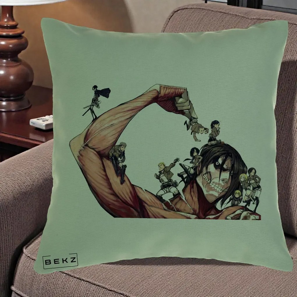 Perna Personalizata Attack on Titan Eren Titan Grup, 40x40 cm, Verde, Husa Detasabila, Perna Inclusa, BEKZ®