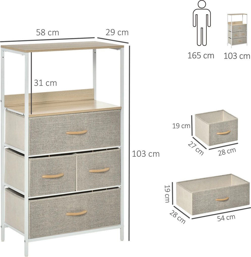 HOMCOM Comodă cameră mobilier de depozitare comodă 4 sertare din țesătură pliabile și detașabile cu rafturi deschise și cadru de metal, comodă pentru sufragerie, cameră, intrare, gri deschis | Aosom Romania