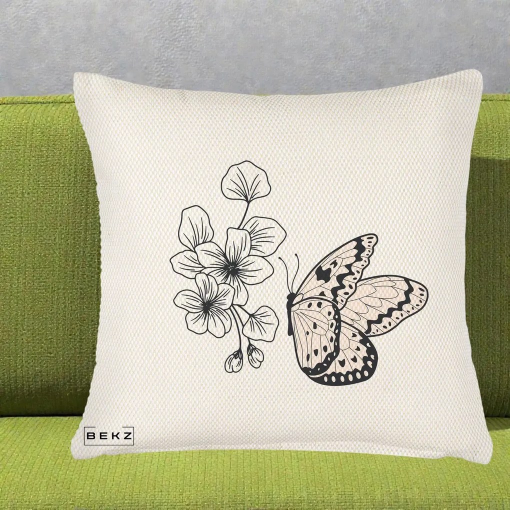 Perna Decorativa Fluture si Flori Linie Monocroma, 40x40 cm, Crem Reliefat, Husa Detasabila, Perna Inclusa, BEKZ®