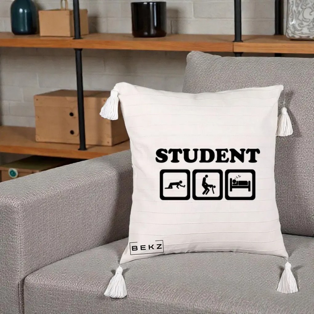 Perna Decorativa Student Life, 40x40 cm, Bej cu Franjuri, Husa Detasabila, Perna Inclusa, BEKZ®