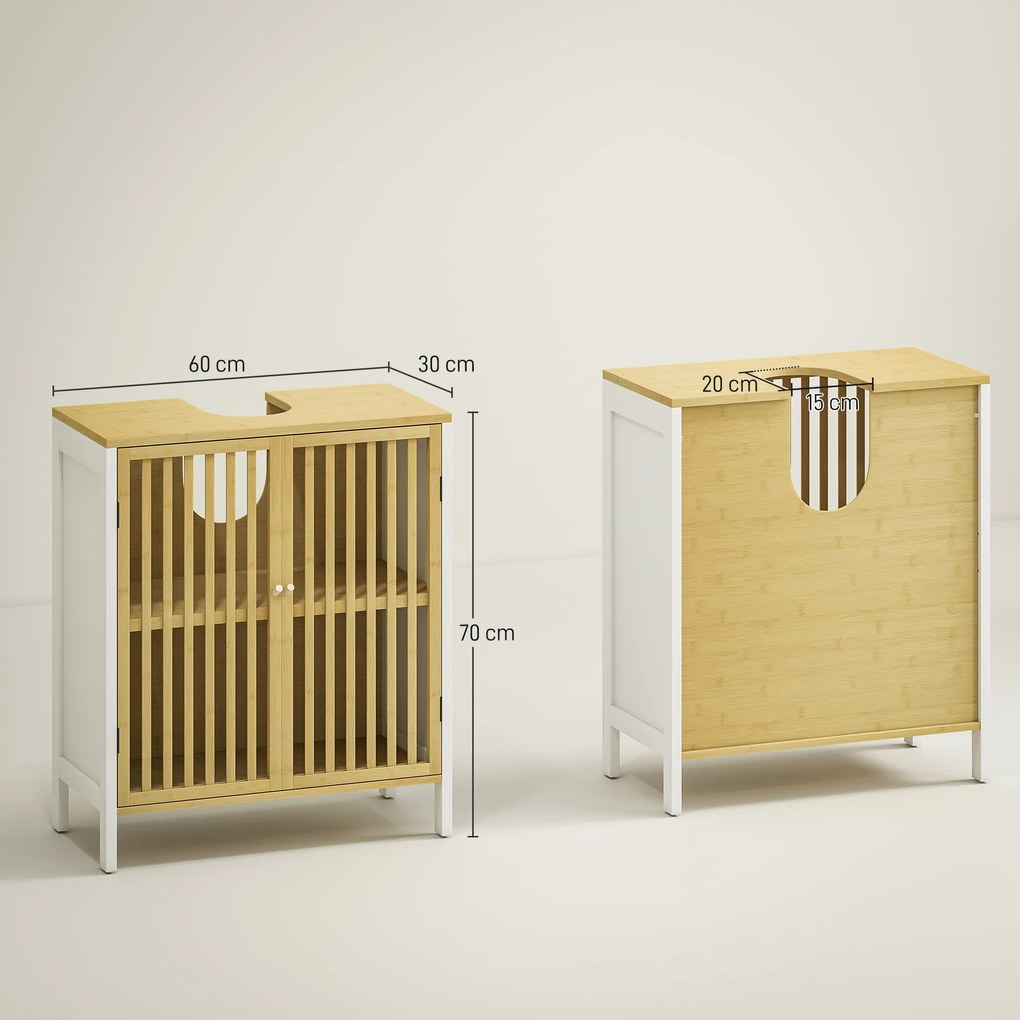HOMCOM Dulap sub lavoar 2 uși cu raft reglabil dulap de depozitare pentru lavoar 60 x 30 x 70 cm MDF și bambus | Aosom Romania