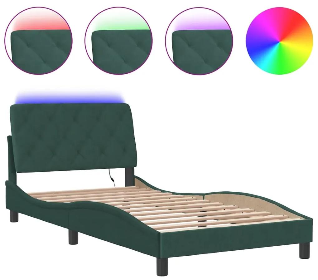 3213840 vidaXL Cadru de pat cu lumini LED, verde închis, 100x200 cm, catifea