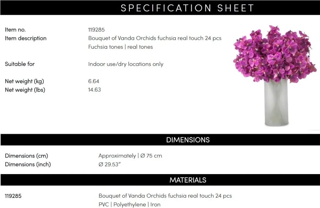 Buchet artificial LUX din 24 fire orhidee fuchsia, Vanda Orchids