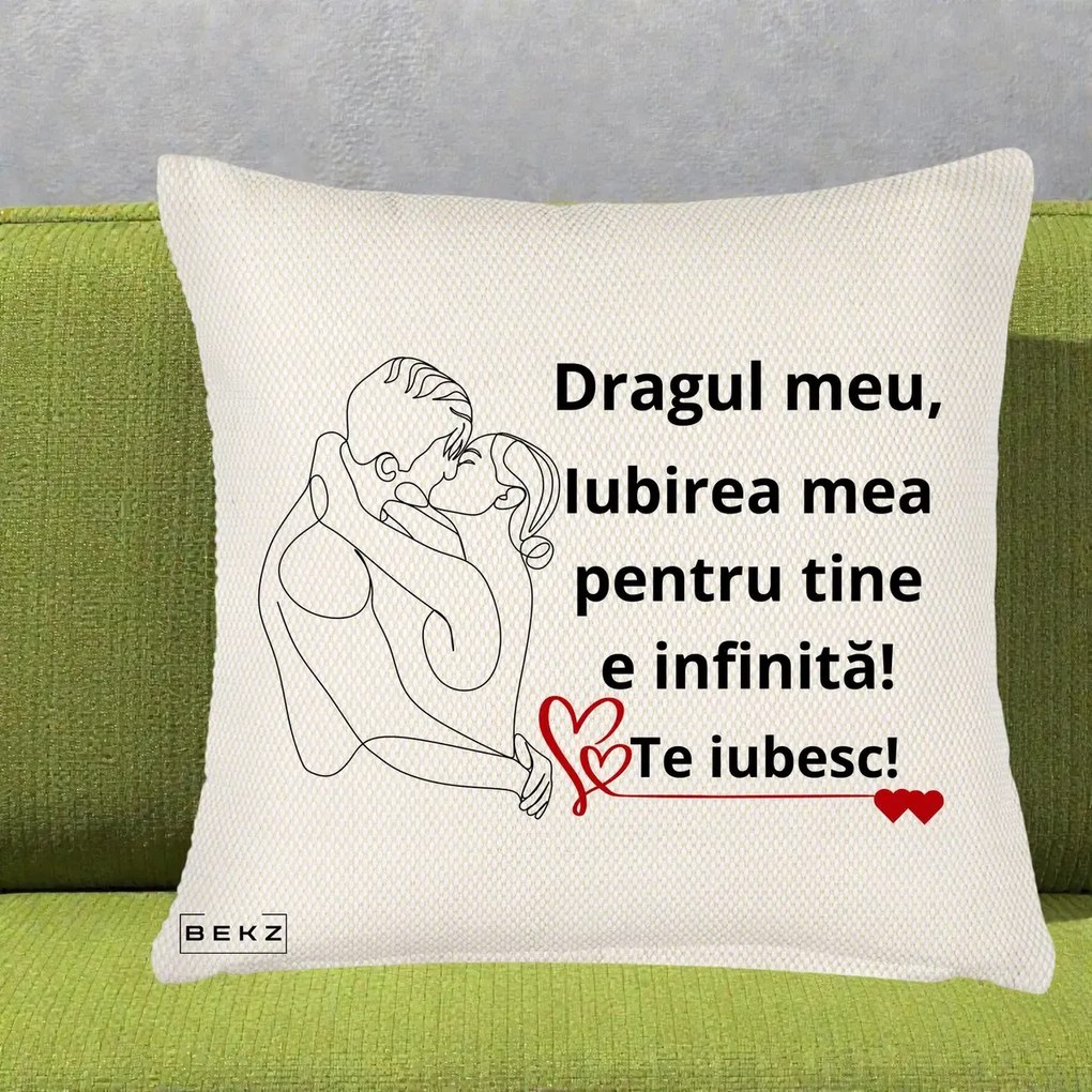 Cadou pentru Iubit - Perna Personalizata Dragul Meu Iubirea Mea pentru Tine e Infinita Te Iubesc, 40x40 cm, Crem Reliefat, Husa Detasabila, Perna Inclusa, BEKZ®