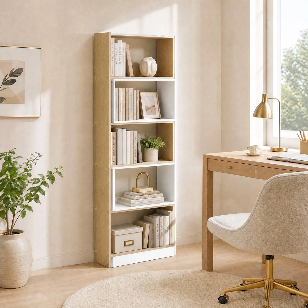 HOMCOM Bibliotecă de Colț cu 5 Polițe, Design Rotativ 350°, Lemn/Alb | Aosom Romania