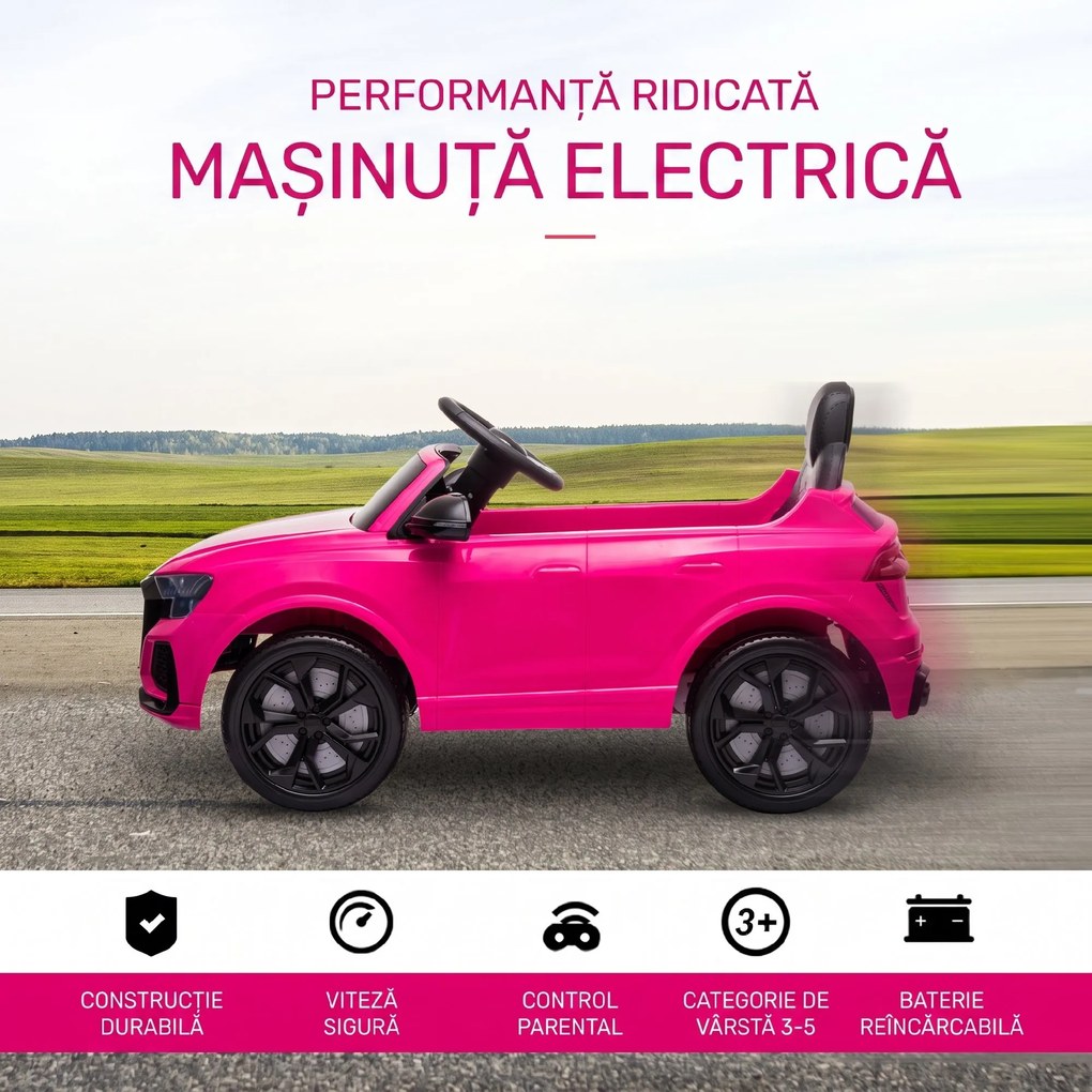HOMCOM Mașină Electrică pentru Copii Audi RS Q8, 6V, 2 Motoare, Telecomandă, PP, 101x62x51 cm, Roz | Aosom Romania