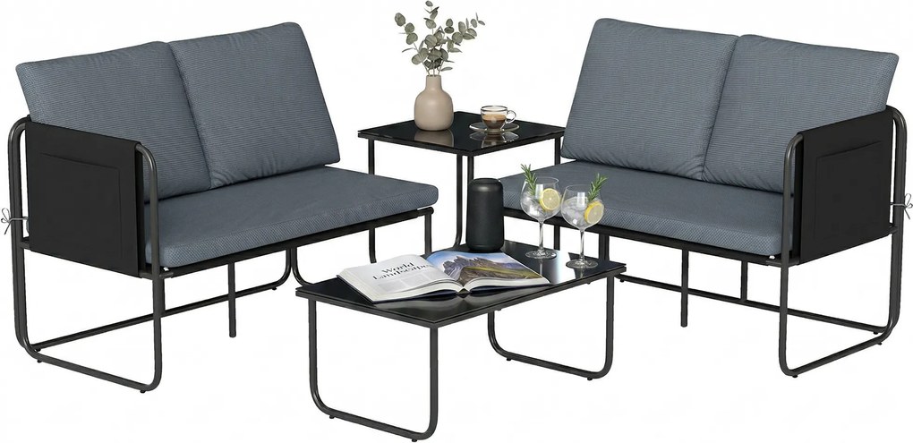 Outsunny Set Grădină Exterior 4 Piese cu 2 Canapele 2 Locuri 2 Mese cu Sticlă Perne Huse Detașabile și Buzunare Gri | Aosom Romania