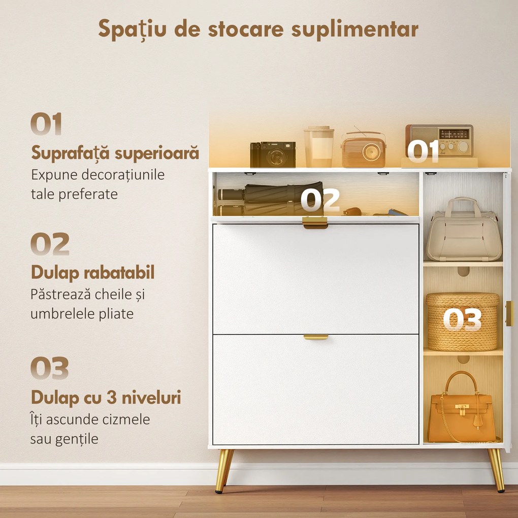 HOMCOM Dulap pentru Pantofi Slim cu Uși Rabatabile, Rafturi Reglabile, pentru 12 Perechi, Alb | Aosom Romania