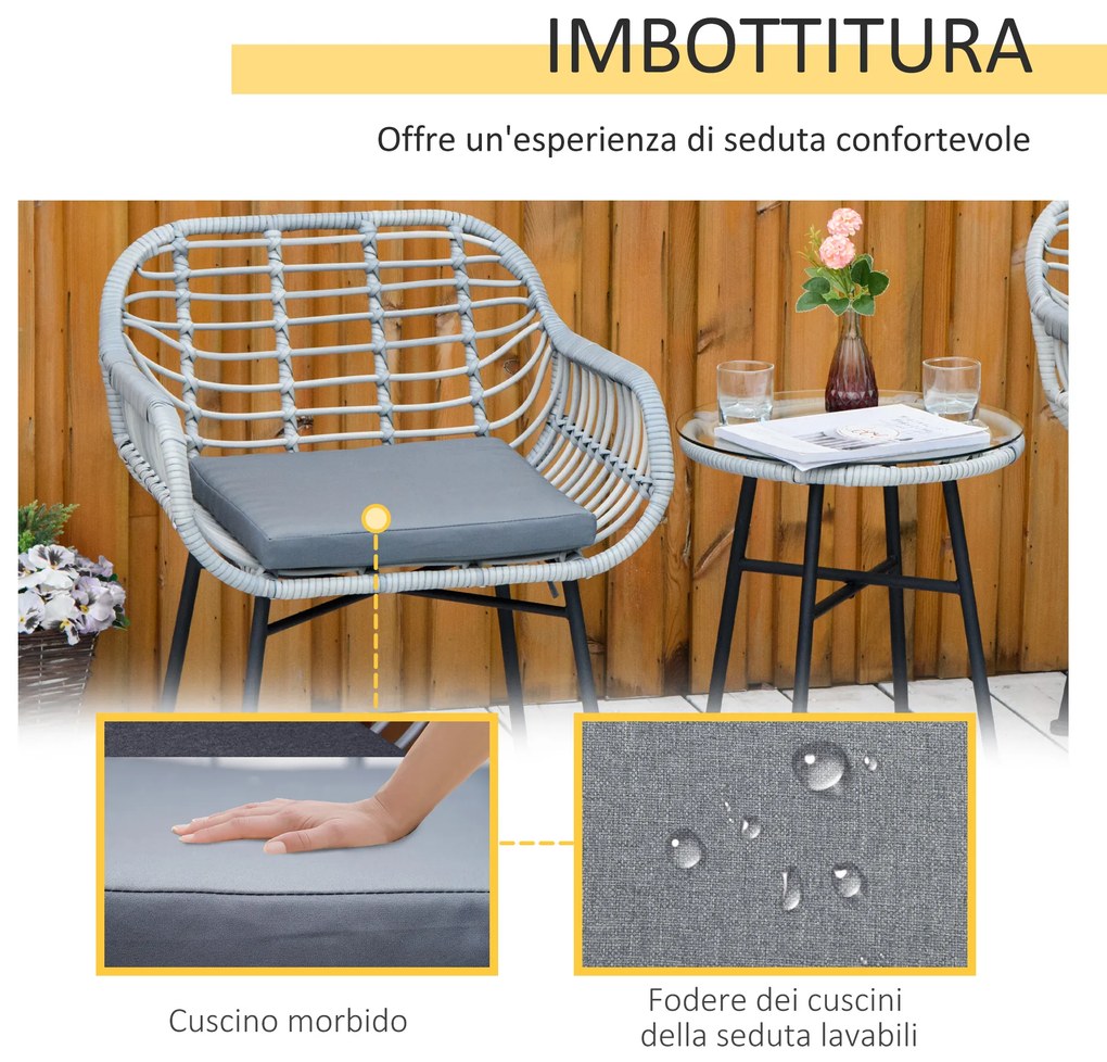 Outsunny Set Mobilier de Grădină din Ratan Gri 3 Piese Salon în Aer Liber cu 2 Scaune și Masă cu Blat de Sticlă pentru Terasă | Aosom Romania