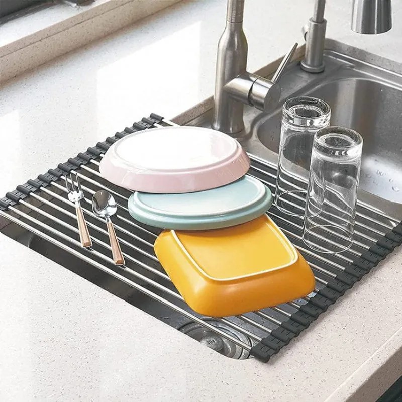 Uscator pentru vase pliabil Kinghoff KH 1903, 45x32 cm, Rezistent la coroziune, Margini din silicon, Antiderapant, Pliabil, Inox/gri