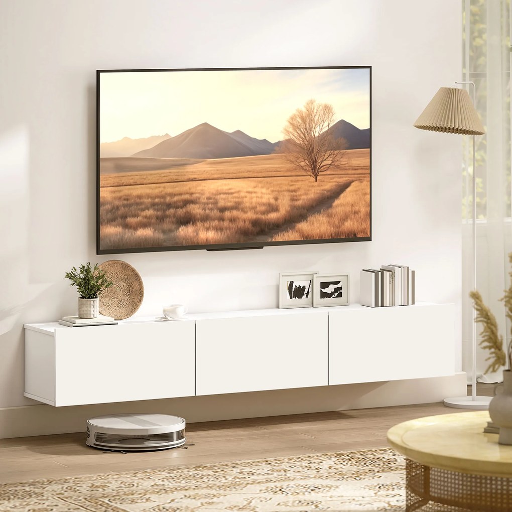 HOMCOM Mobilier TV Suspendat, Suport TV până la 82" cu 3 Dulapuri cu Uși Rabatabile Soft Close, Dulap pentru Televizor pentru Living, Dormitor și Salon, 180x31.5x29.8 cm, Alb Lucios | Aosom Romania