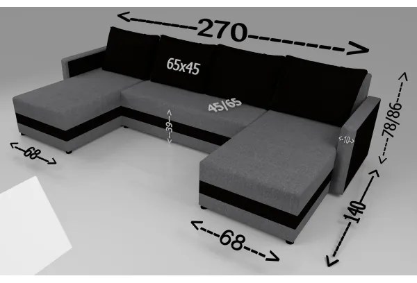 Colțar extensibil universal în U BRISTOL, tapițat, gri/negru