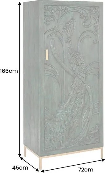 Dulap PEACOCK 175cm lemn de mango verde sculptat 3D cu design paun