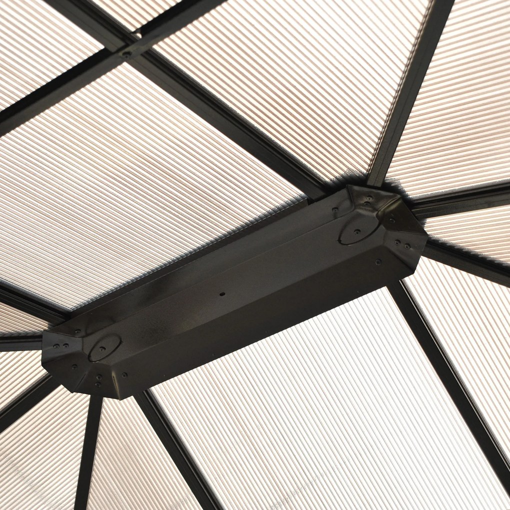 Outsunny Pavilion de grădină Hardtop 4.2 x 3.6 m, Draperii cu plasă împotriva insectelor, Structură din aluminiu, Maro+Crem | Aosom Romania