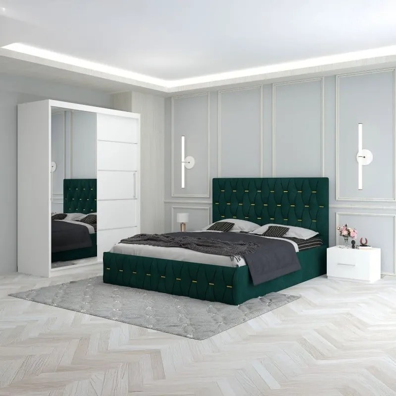 Set Mobila De Dormitor Eric Verde, pat tapitat 160x200cm,  dulap cu oglinda 150x210cm, noptiere