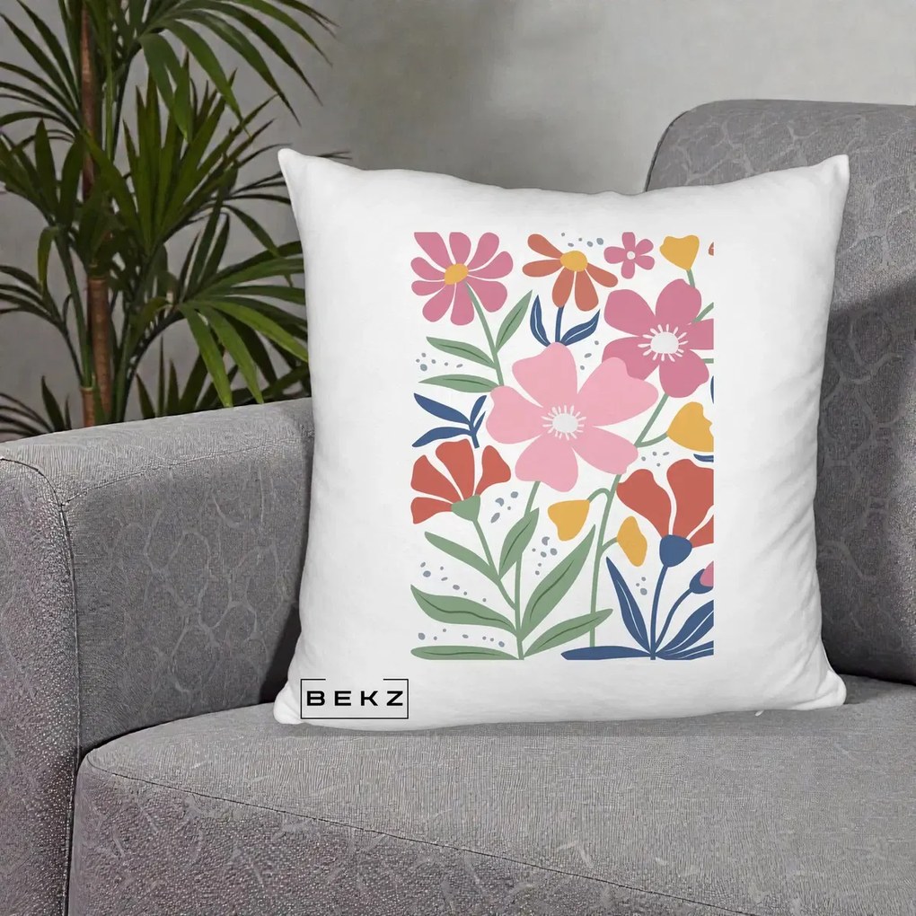 Perna Decorativa Flori Grafice Roz si Terracotta, 40x40 cm, Alb Pufos, Husa Detasabila, Perna Inclusa, BEKZ®