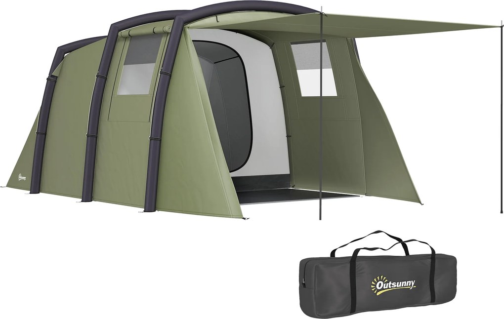 Outsunny Cort Gonflabil Tip Tunel pentru 3-6 Persoane cu Pridvor, Ferestre din Plasă și Husă, Impermeabil, Verde Măsliniu | Aosom Romania