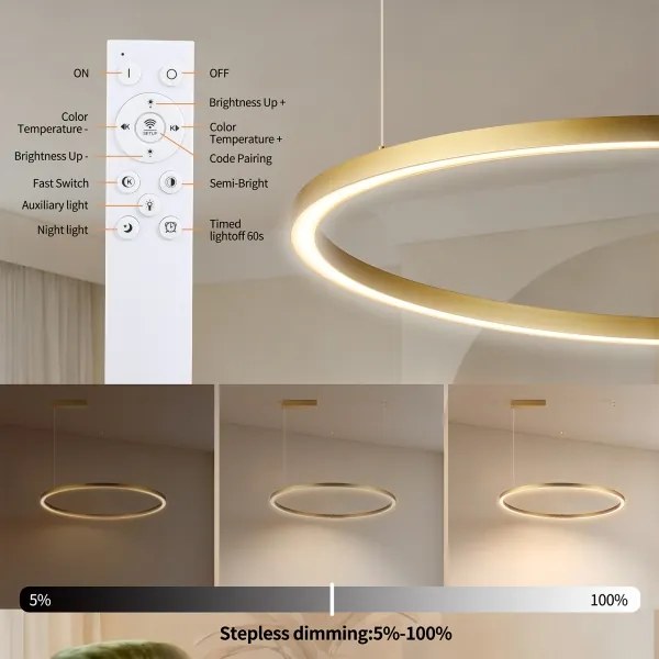 Brilagi - Lustră LED dimabilă PORTOFINO pe cablu, LED/60W/230V, Ø 80 cm, auriu, cu telecomandă