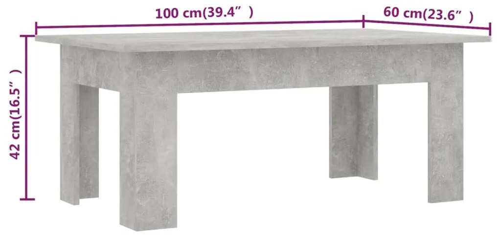 Masuta de cafea, gri beton, 100 x 60 x 42 cm, PAL 1, Gri beton