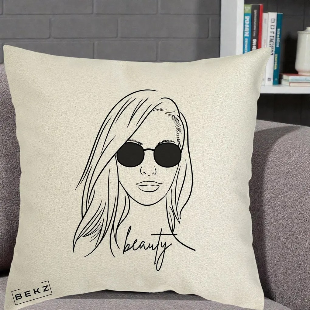 Perna Decorativa Beauty Girl Line Art, 40x40 cm, Ecru, Husa Detasabila, Perna Inclusa, BEKZ®