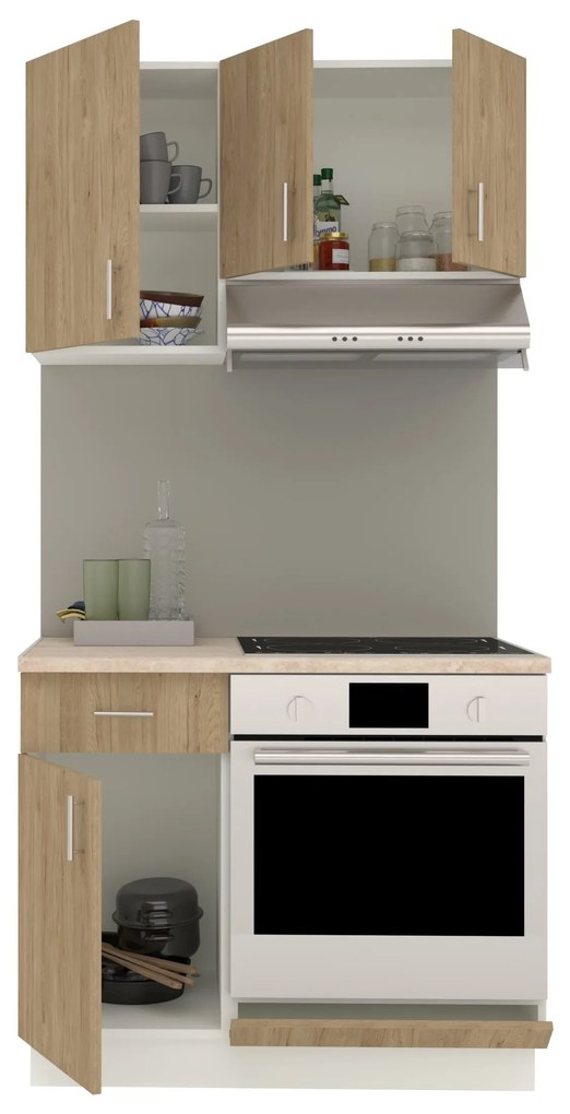 Set Bucatarie Karo V1, Lemn Natural/Alb, Blat Thermo 28 mm, L 100 cm