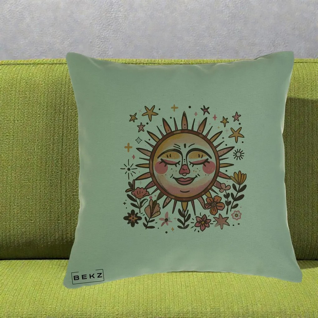Perna Decorativa Soare Retro Boho Floral, 40x40 cm, Verde, Husa Detasabila, Perna Inclusa, BEKZ®